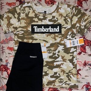 NWT Timberland Beige Camo Tee and Black Shorts Set